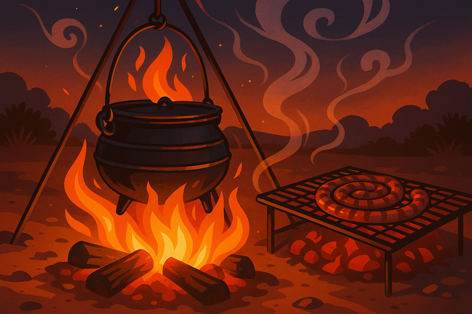 Illustration of a pot over a campfire with a grill in the background