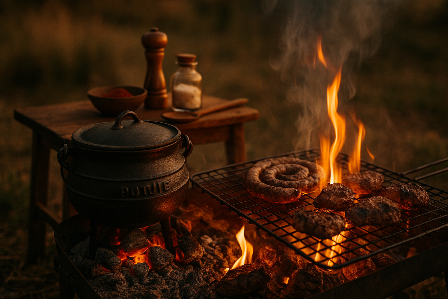 Grill with food over flames and a pot on a wooden table in a warm, smoky setting.