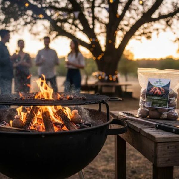 Fire pit with glowing embers and a bag of gro+ Eco-Balls Firelighters on a wooden table outdoors during sunset.