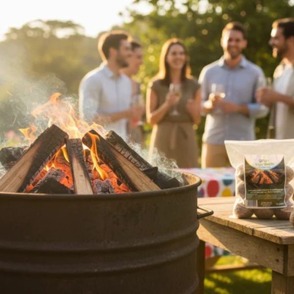 People gathered around a fire pit with a bag of gro+ Eco-Balls Firelighters on a table.