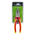 A package with a pair of Kaufmann X VDE combination pliers, featuring red and yellow insulated handles and a cutting jaw.