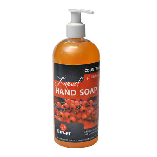 A pump bottle of Revet Antibacterial Liquid Hand Soap with a Country Berry scent, 500ml size.