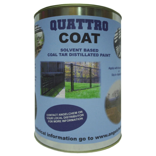 Quattro Coat solvent-based coal tar distilled paint can on a white background