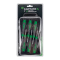 Packaged Kaufmann X Screwdriver Set containing 6 precision screwdrivers with green and black handles, displayed in a clear plastic case.
