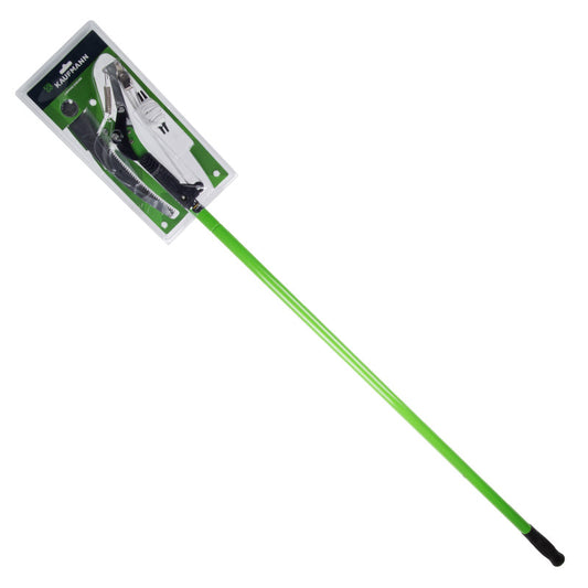 Extendable lopping shear with a green handle and silver-colored metal parts, packaging includes product information.