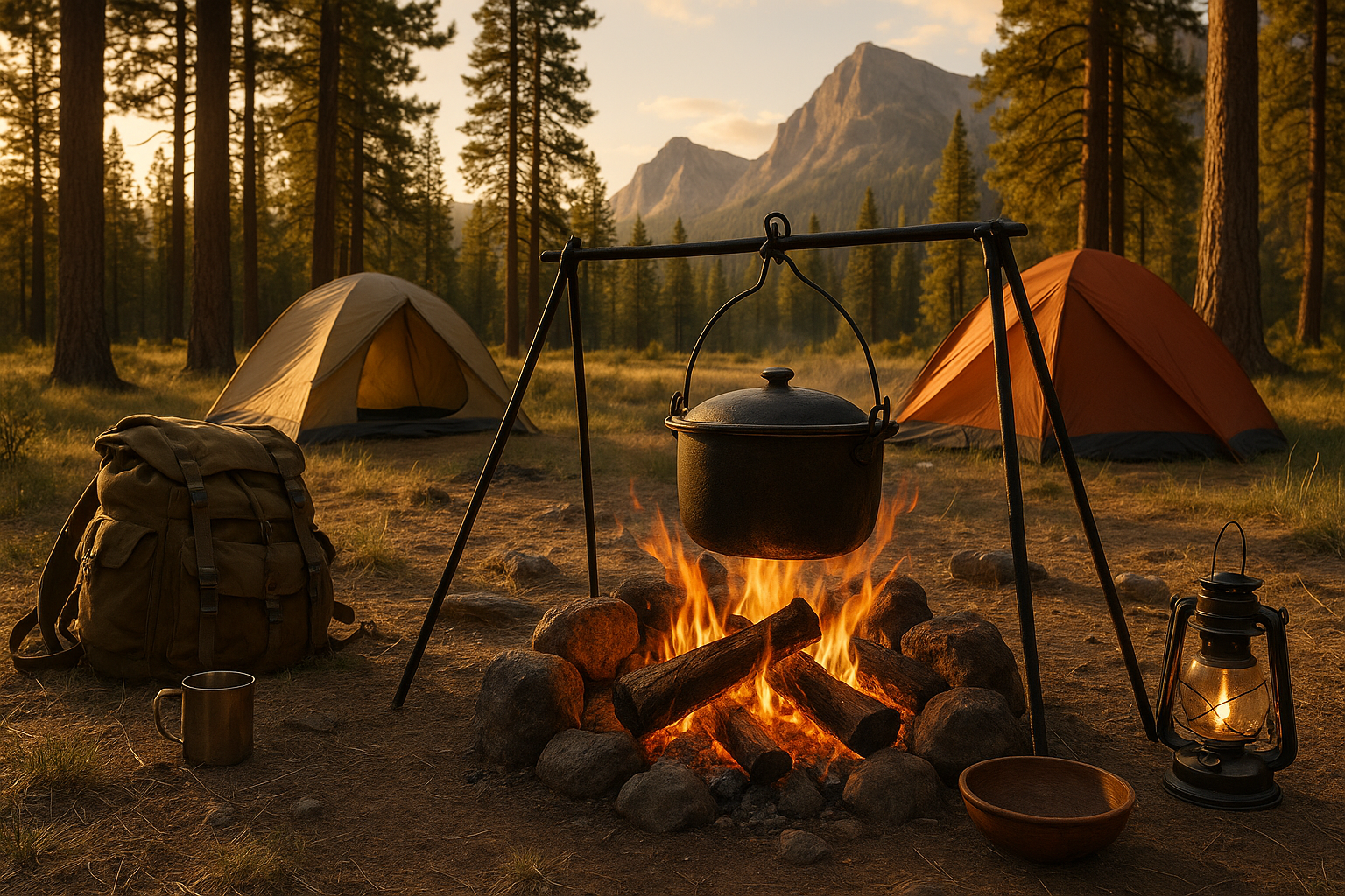 Camping scene with a fire, pot, and tents in a forest setting