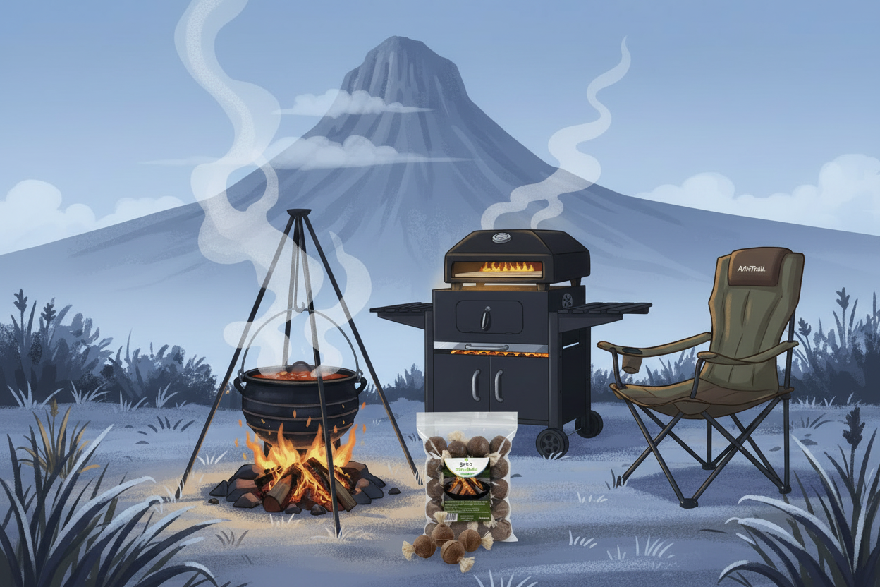 Camping scene with grill, chair, fire pit and gro+ Eco-Balls against a mountain backdrop