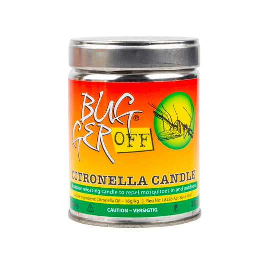 Bugger Off Citronella Candle in a metal can with red, yellow, and green label featuring product name and an illustration of a mosquito.