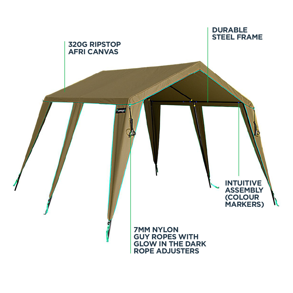 A Kaufmann X AFRI Canvas Gazebo Large with a durable steel frame and 320G Ripstop AFri Canvas covering, featuring intuitive assembly with glow in the dark rope adjusters and 7mm nylon guy ropes.