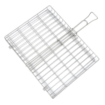 Stainless Steel braai grid with handle on a white background