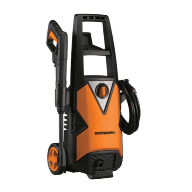 Orange and black pressure washer with a visible brand name on a white background