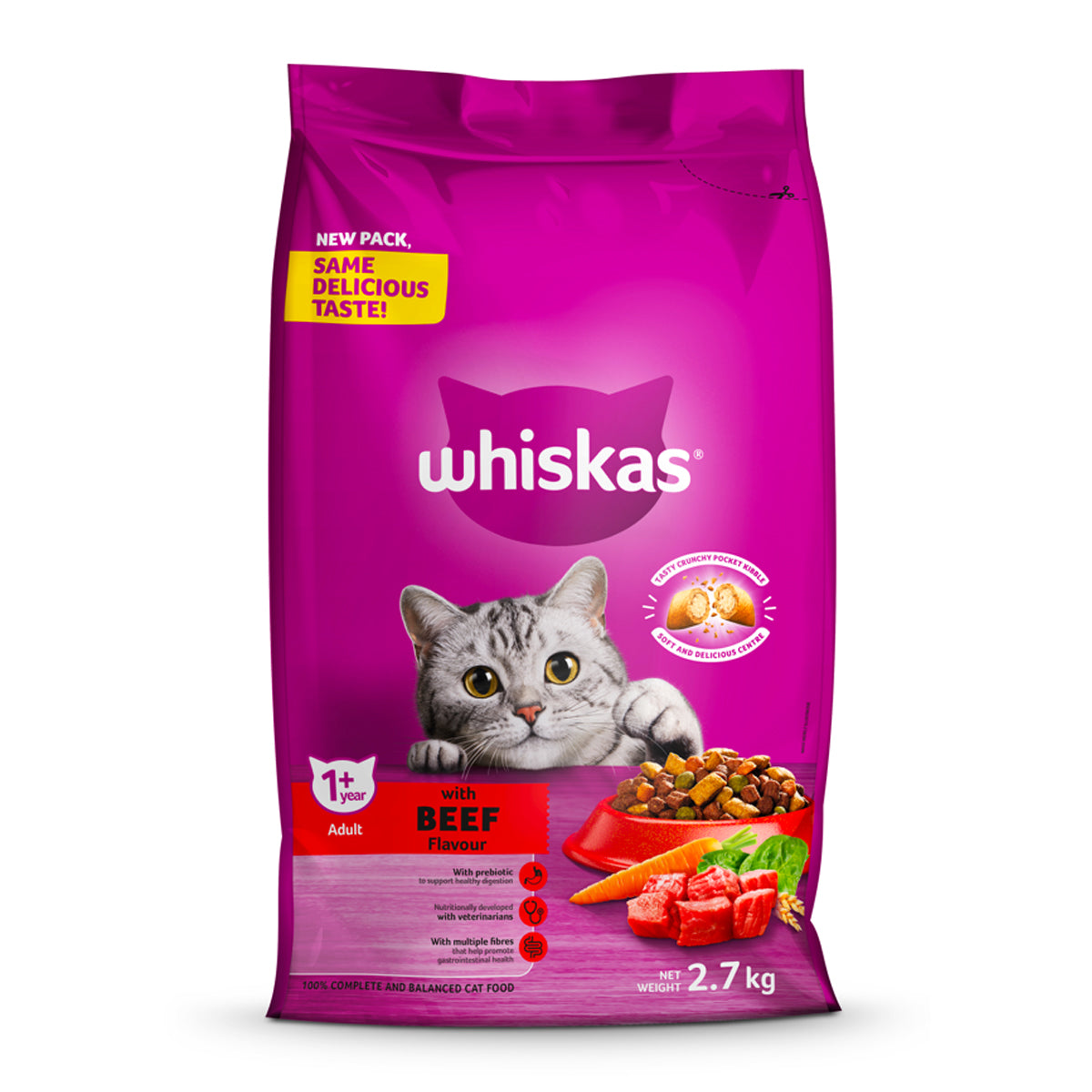 WHISKAS CAT FOOD DRY ADULT BEEF 2.7KG