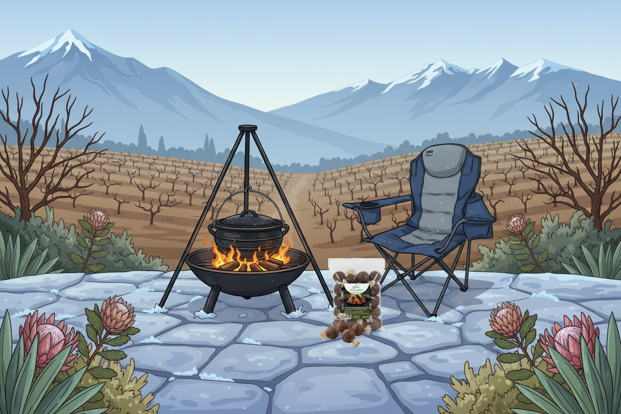 Illustration of a campfire with a chair and gro+ Eco-Balls Firelighters in a snowy landscape with mountains.