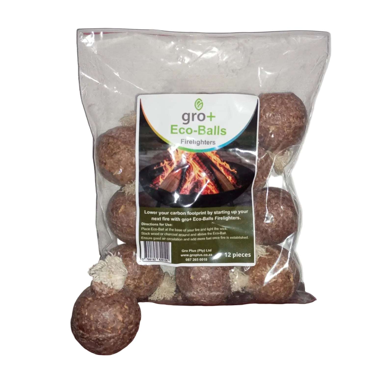 Bag of gro+ Eco-Balls Firelighters with a label on a white background