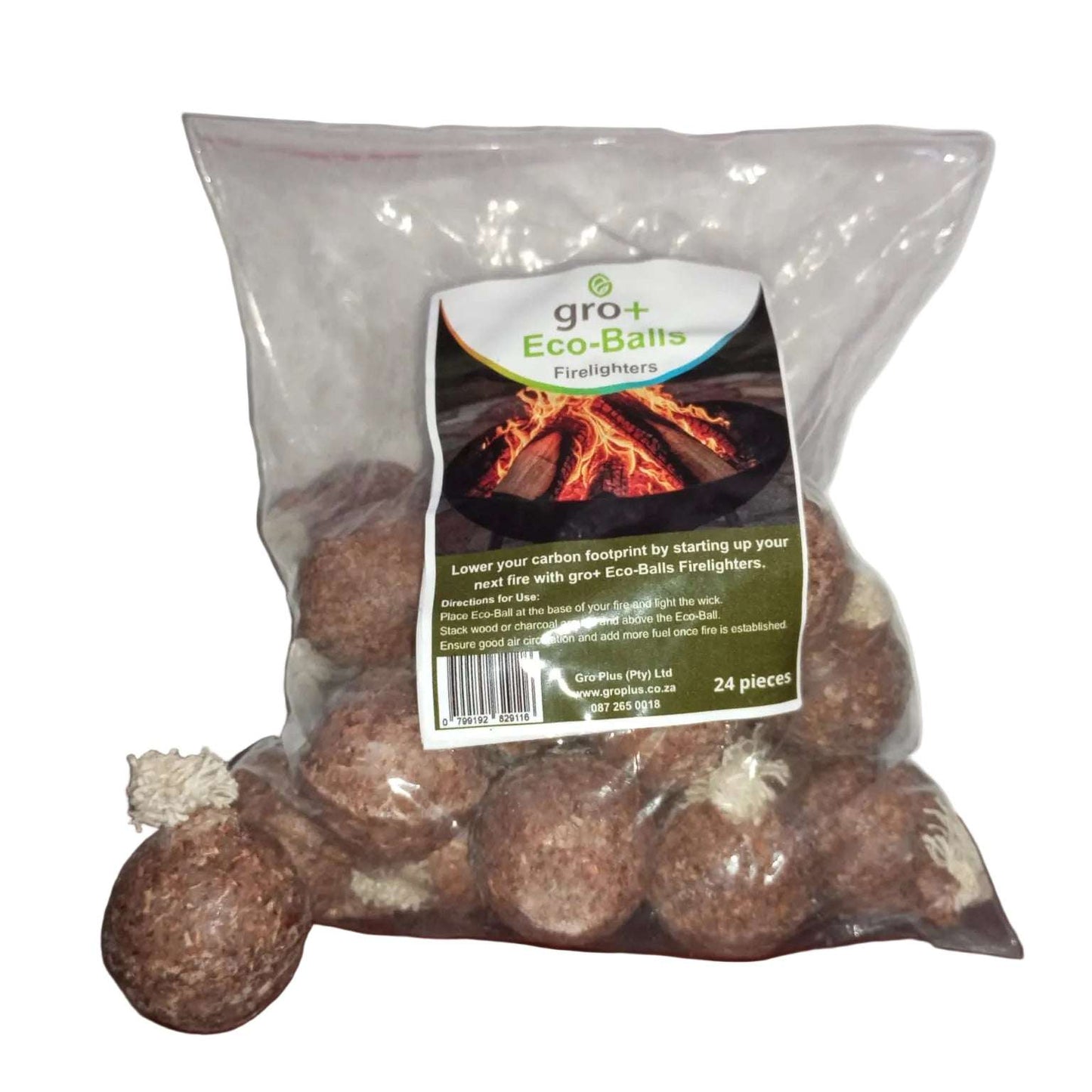 Bag of gro+ Eco-Balls Firelighters with a visible label on a white background