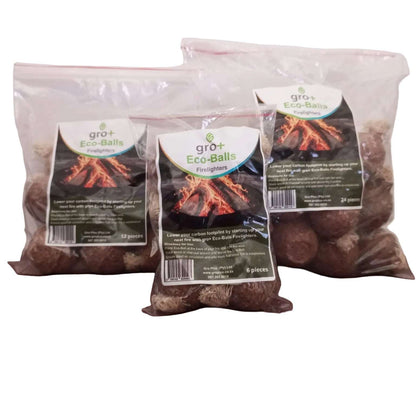 Three packages of gro+ Eco-Balls Firelighters on a white background