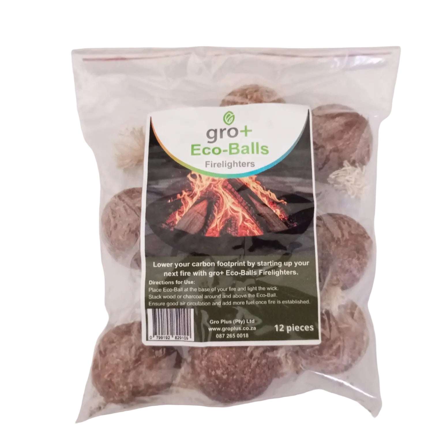 Pack of 12 gro+ Eco-Balls Firelighters with a label on a white background