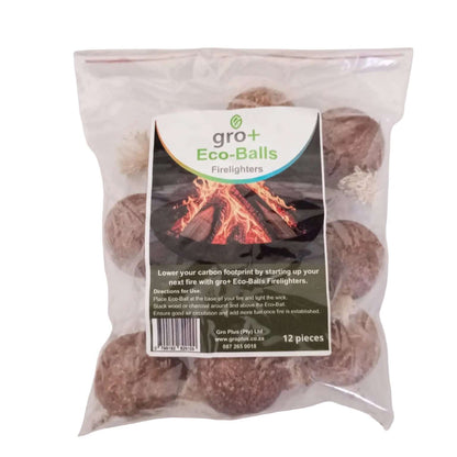 Pack of 12 gro+ Eco-Balls Firelighters with a label on a white background