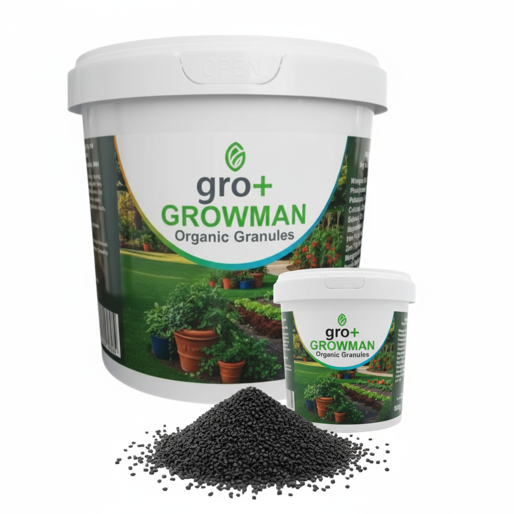 Gro+ Growman organic granules packaging with visible product on a white background