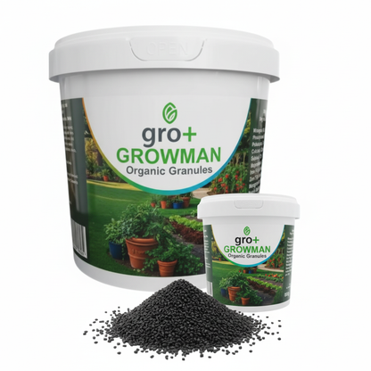 Gro+ Growman organic granules packaging with visible product on a white background