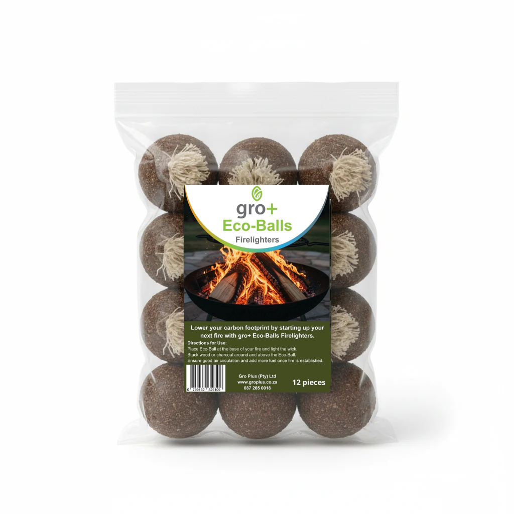 Pack of gro+ Eco-Balls Firelighters with a clear plastic bag on a white background