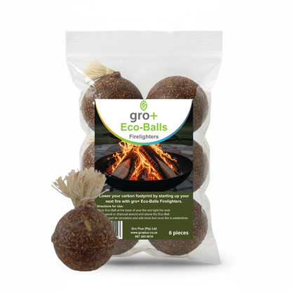 Package of gro+ Eco-Balls Firelighters with a fire image on the label.