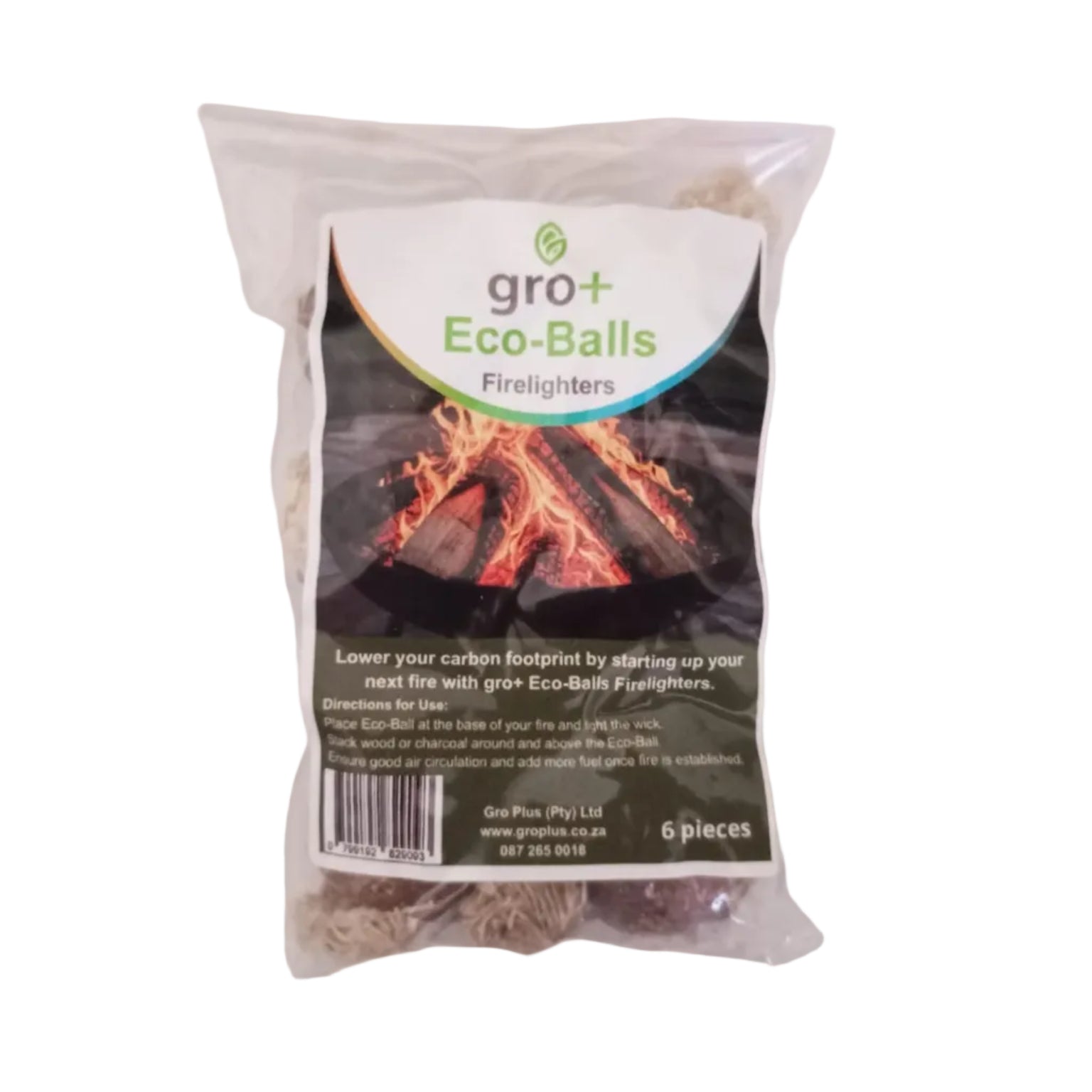 Package of 6 gro+ Eco-Balls Firelighters with a fire image on the label.