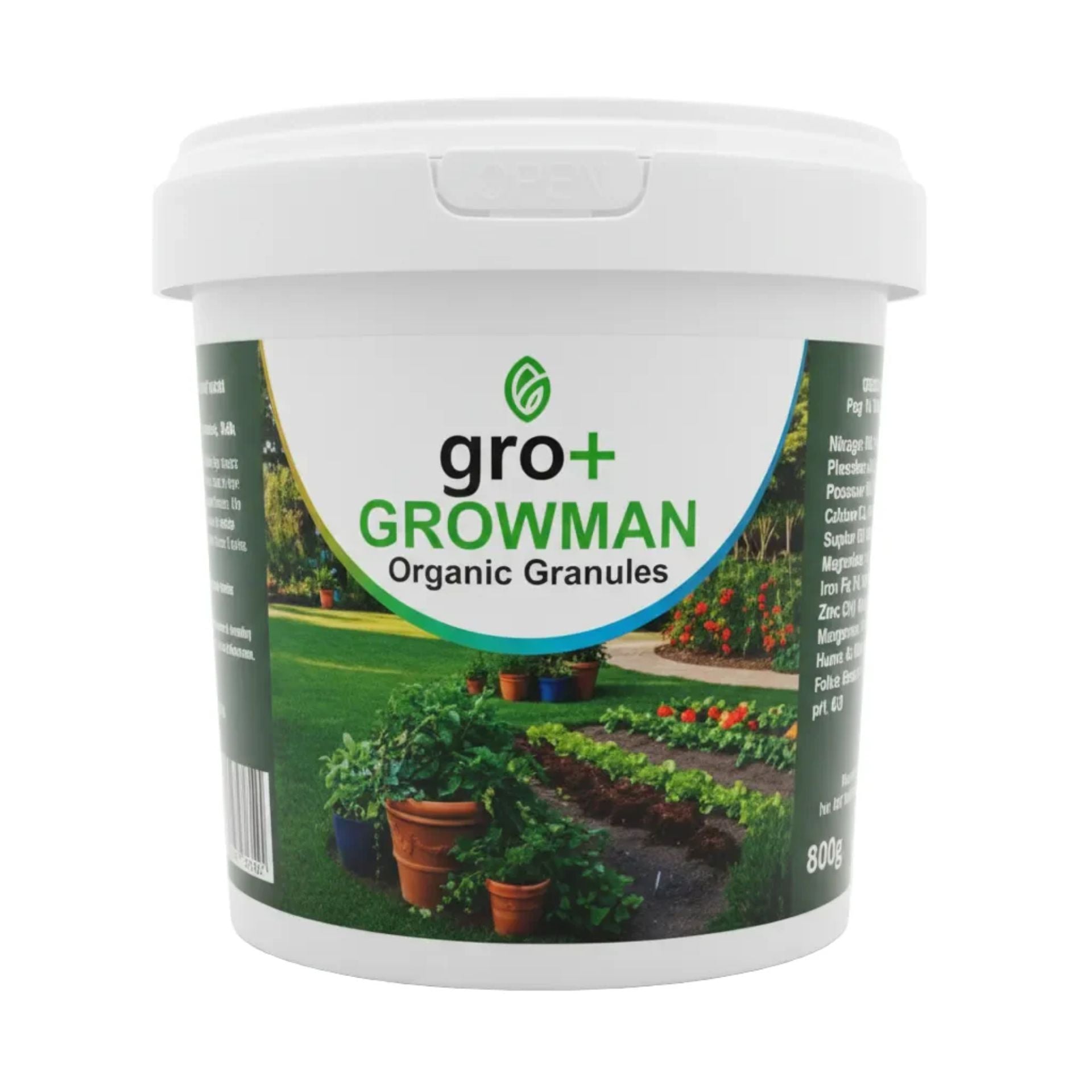 Container of gro+ Growman Organic Granules with garden imagery on a white background