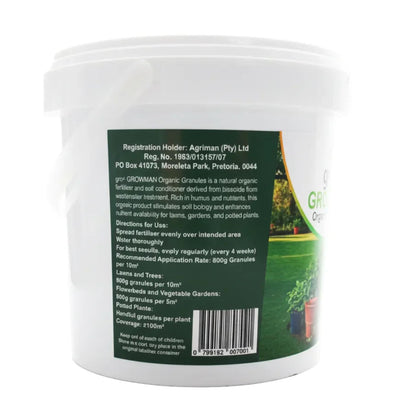 Container of gro+ Growman Organic Granules with label on a white background
