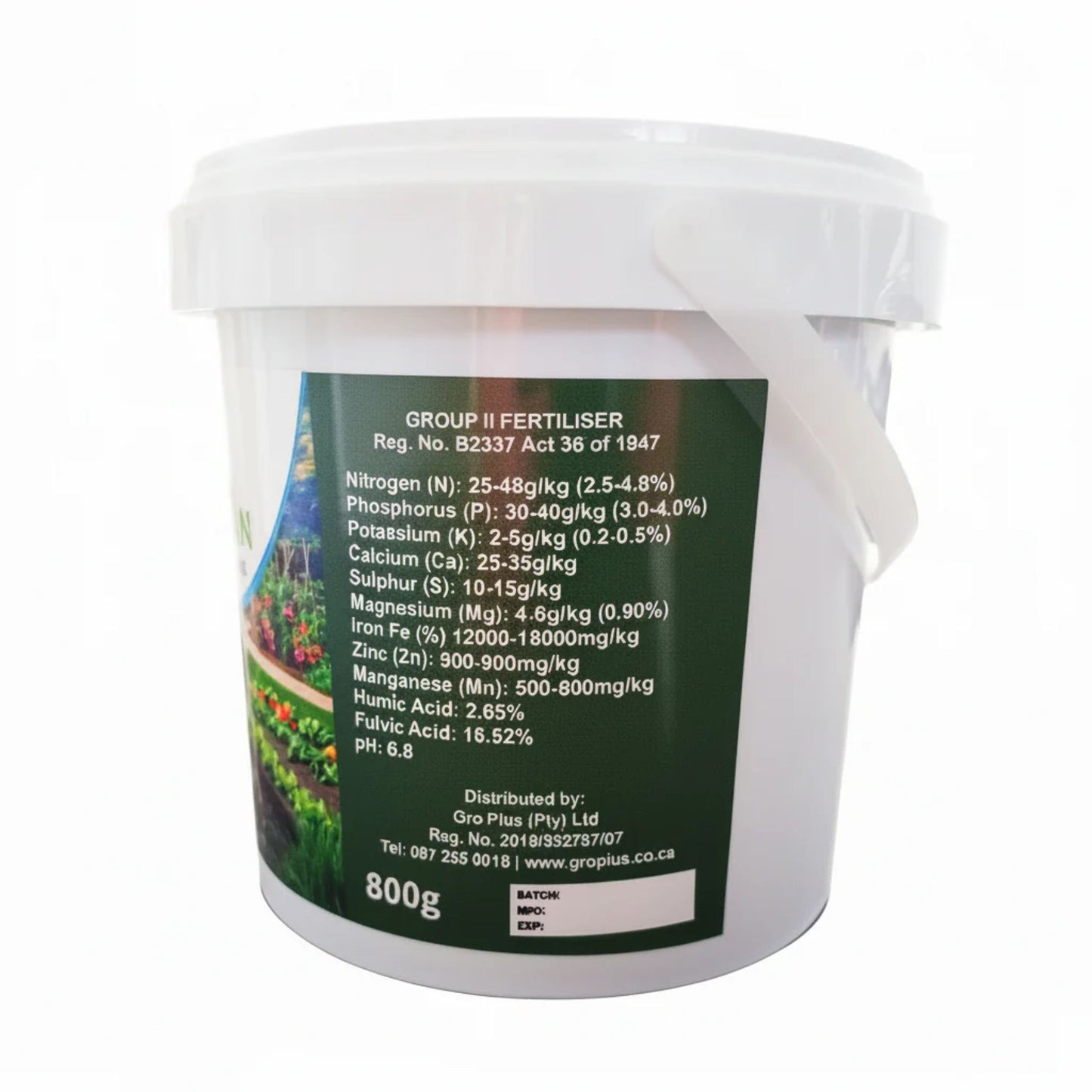 White container of gro+ Growman Organic Granules with a green label containing fertilizer information on a white background