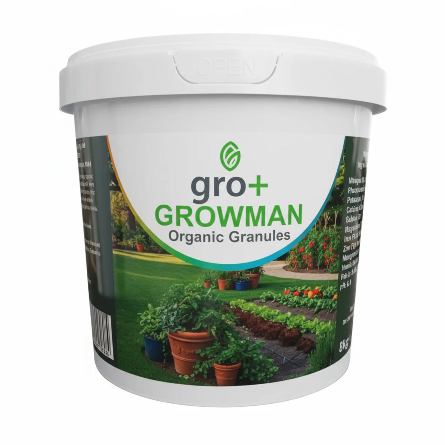 Container of gro+ Growman Organic Granules with garden imagery on a white background