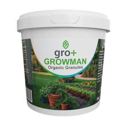 Container of gro+ Growman Organic Granules with garden imagery on a white background