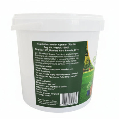 Container of gro+ Growman Organic Granules with label on a white background