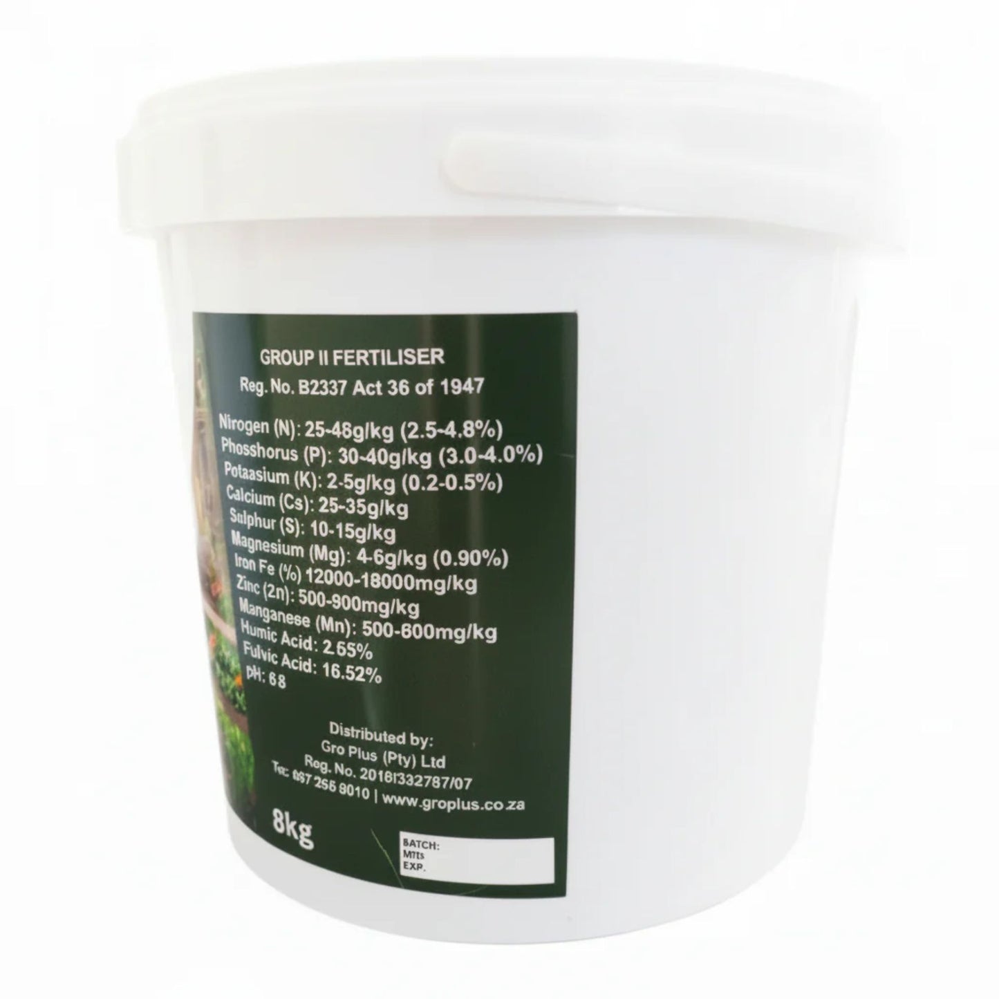 White container of gro+ Growman Organic Granules with a green label containing fertilizer information on a white background