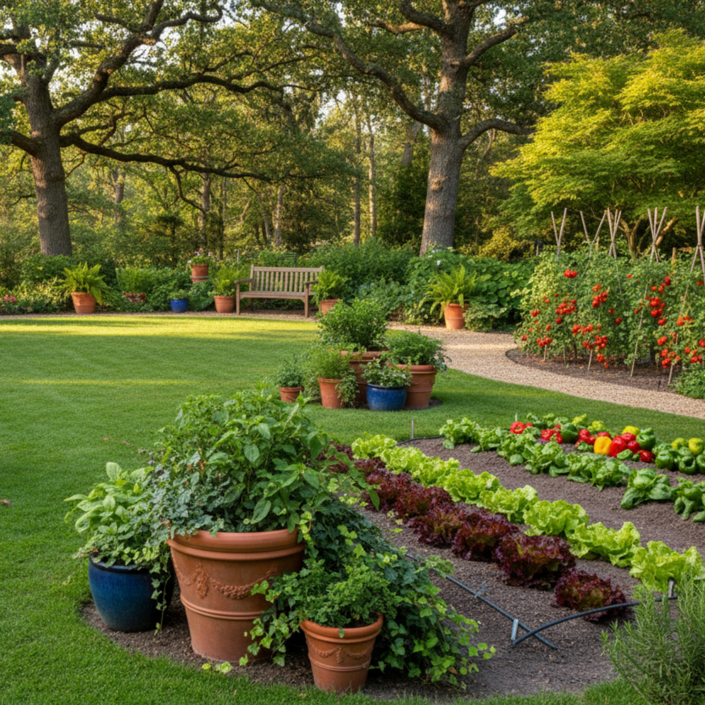 Garden with various plants, a bench, and trees in the background