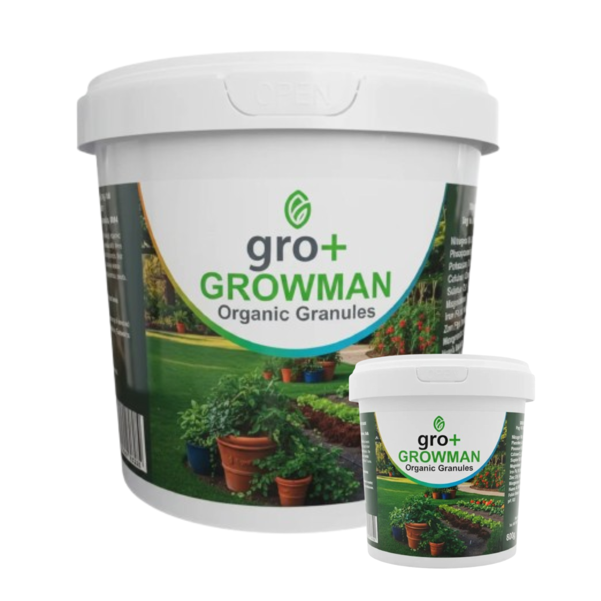 Two containers of gro+ Growman Organic Granules on a white background