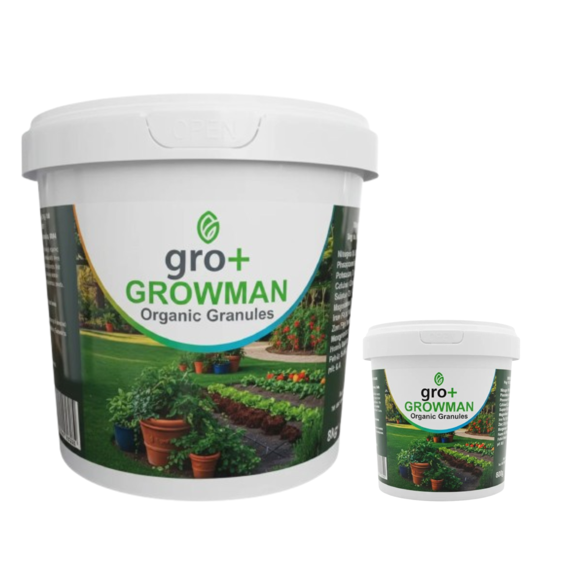 Two containers of gro+ Growman Organic Granules on a white background