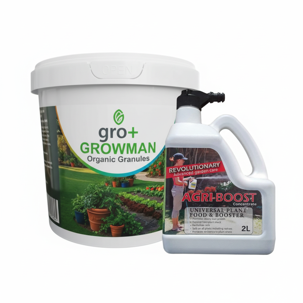 Gro+ Growman organic granules container and Agri-Boost universal plant food & booster bottle on a white background