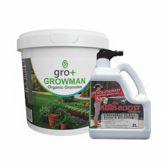 Gro+ Growman organic granules container and Agri-Boost universal plant food & booster bottle on a white background