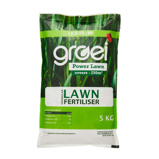Groe­i Power Lawn Granular Fertiliser supplies nitrogen, phosphorus and potassium to support grass growth.