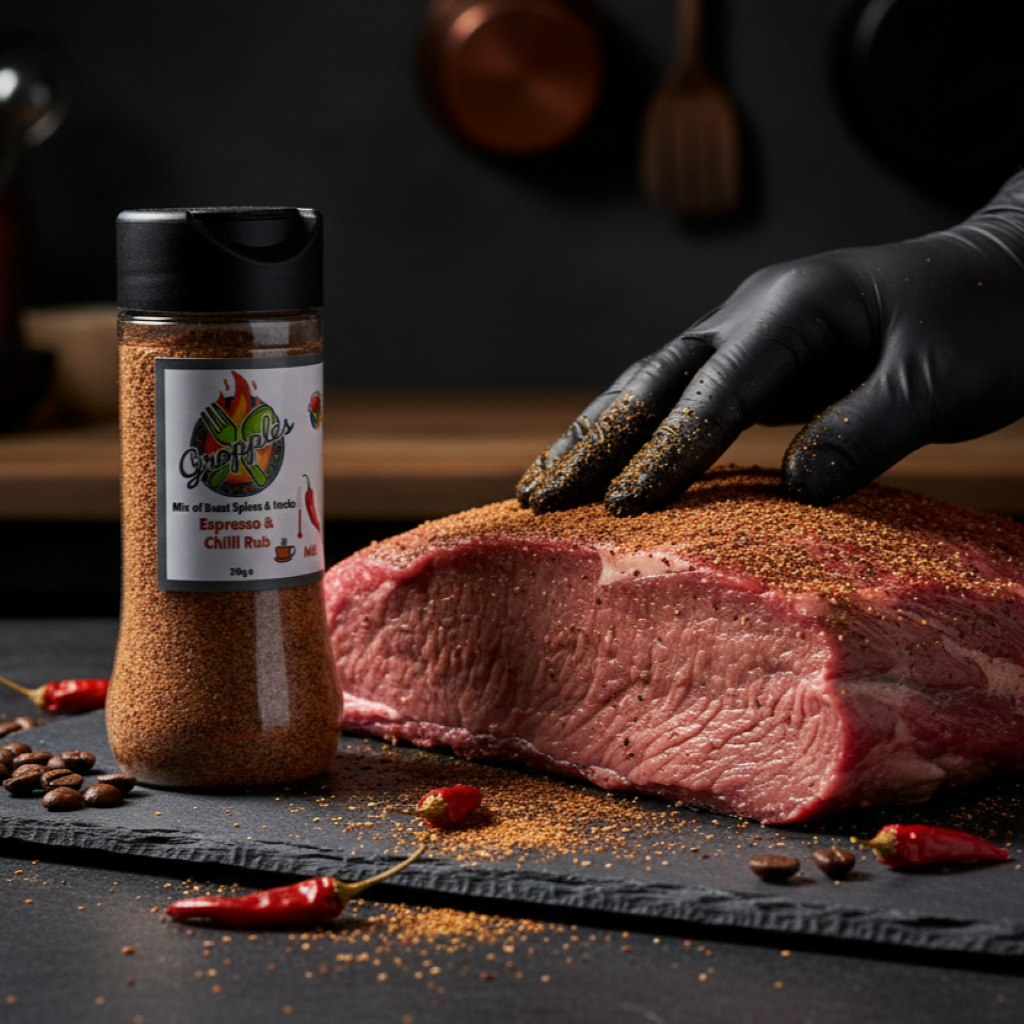 Raw beef brisket being seasoned with a shaker of Gropples Espresso & Chilli Rub on a dark surface.