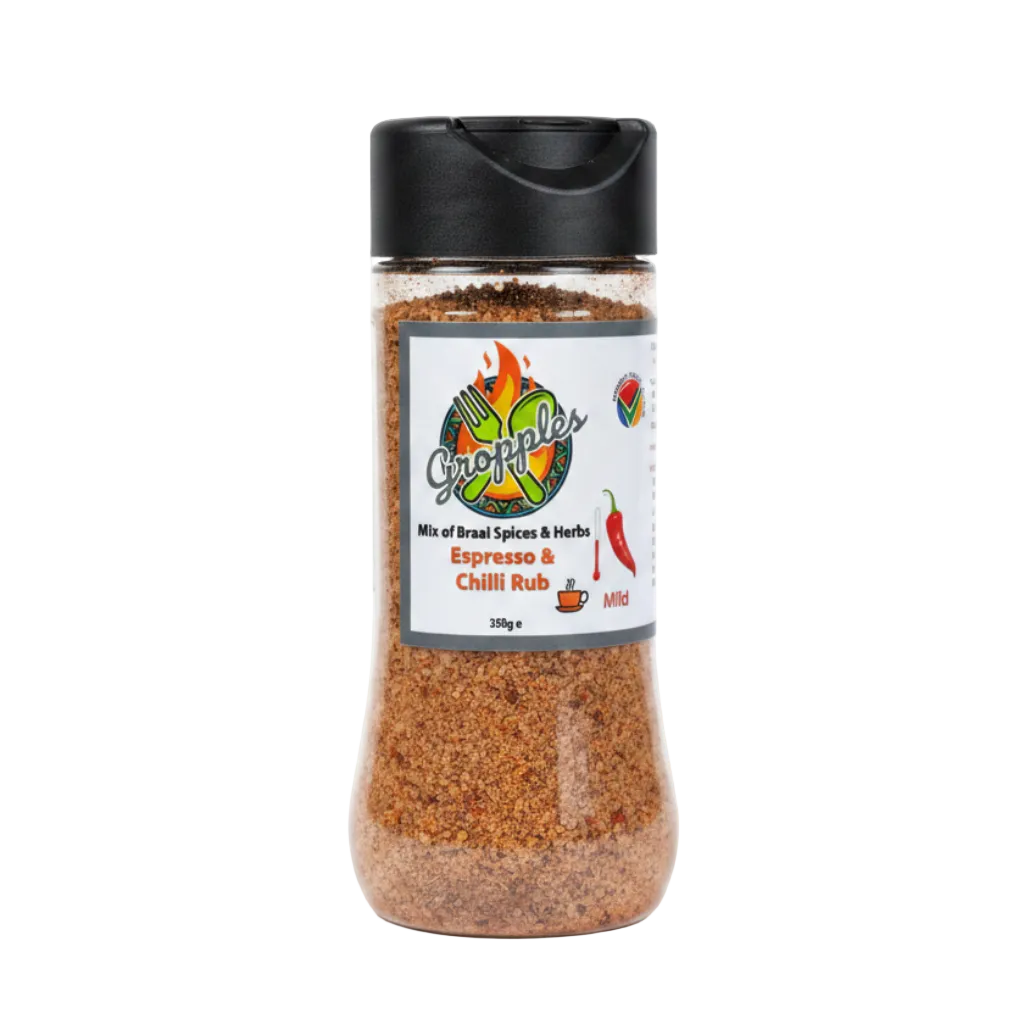 Gropples Espresso & Chilli Rub Shaker 350g — mild heat braai rub, hand-blended, Proudly South African