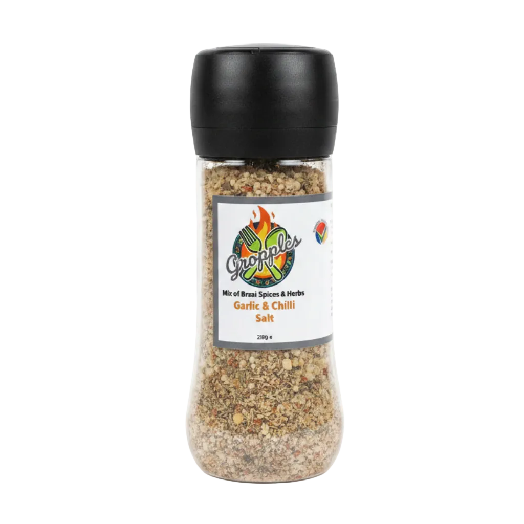 Gropples Garlic & Chilli Salt Grinder 280g — hand-blended braai spice grinder, Proudly South African