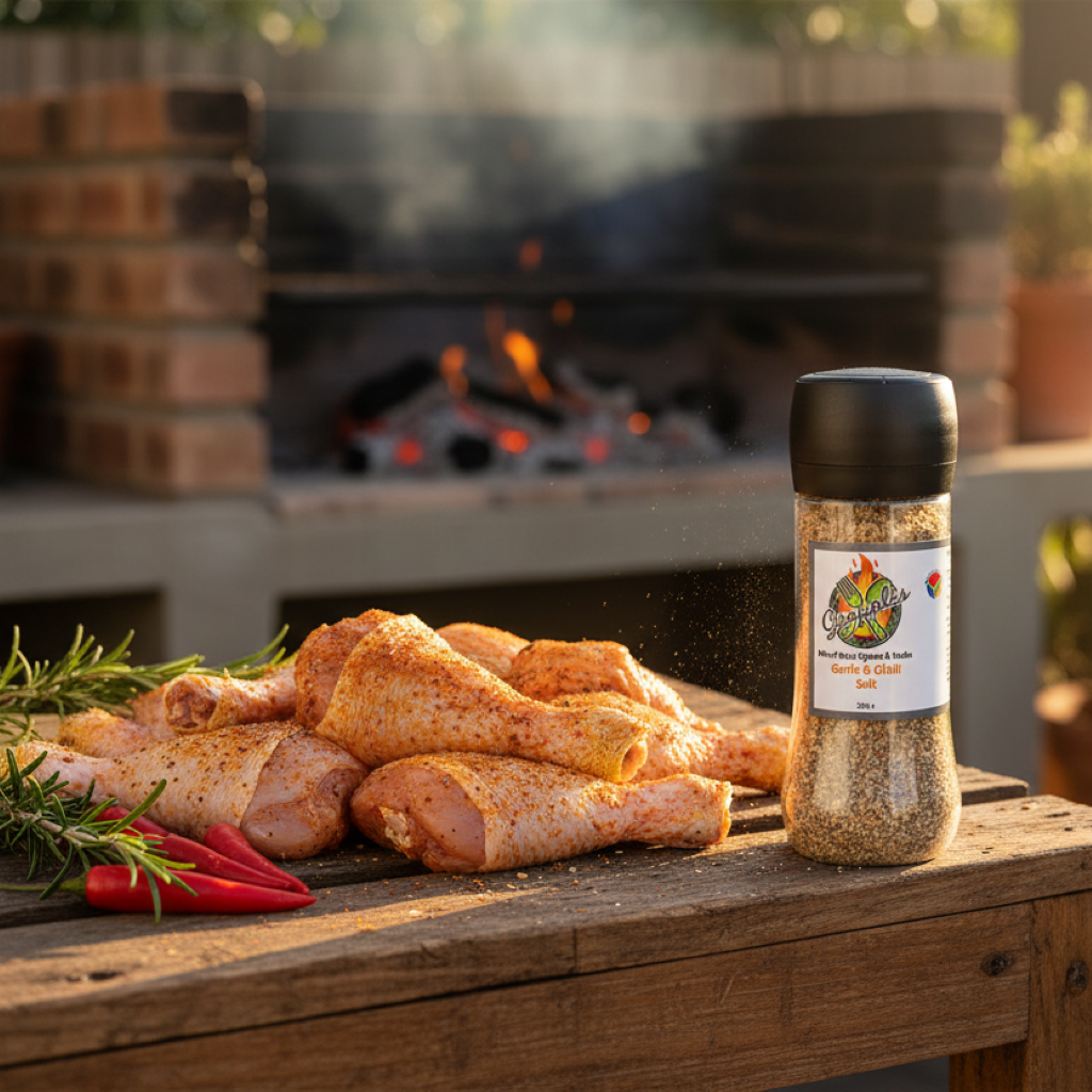 Gropples Garlic & Chilli Salt Grinder on a wooden table with raw chicken, chillies and herbs, outdoor setting with braai and plants.