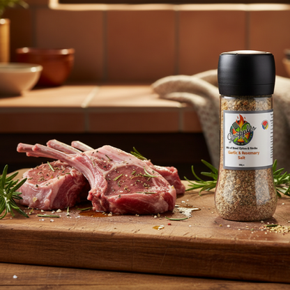 Raw lamb chops on a cutting board with a Gropples Garlic & Rosemary Salt Grinder and rosemary sprigs, set against a rustic kitchen background.