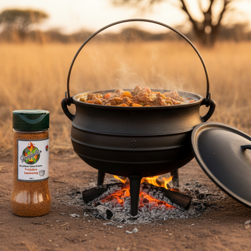Potjie pot with food over coals, next to a shaker of Gropples Potjiekos Seasoning in a natural veld setting