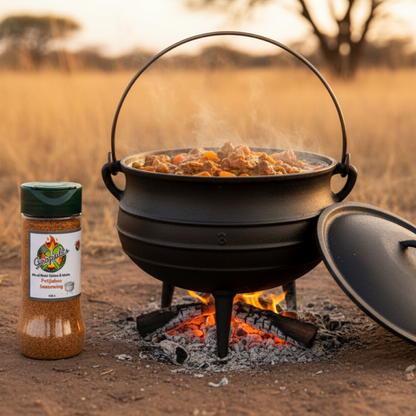 Potjie pot with food over coals, next to a shaker of Gropples Potjiekos Seasoning in a natural veld setting