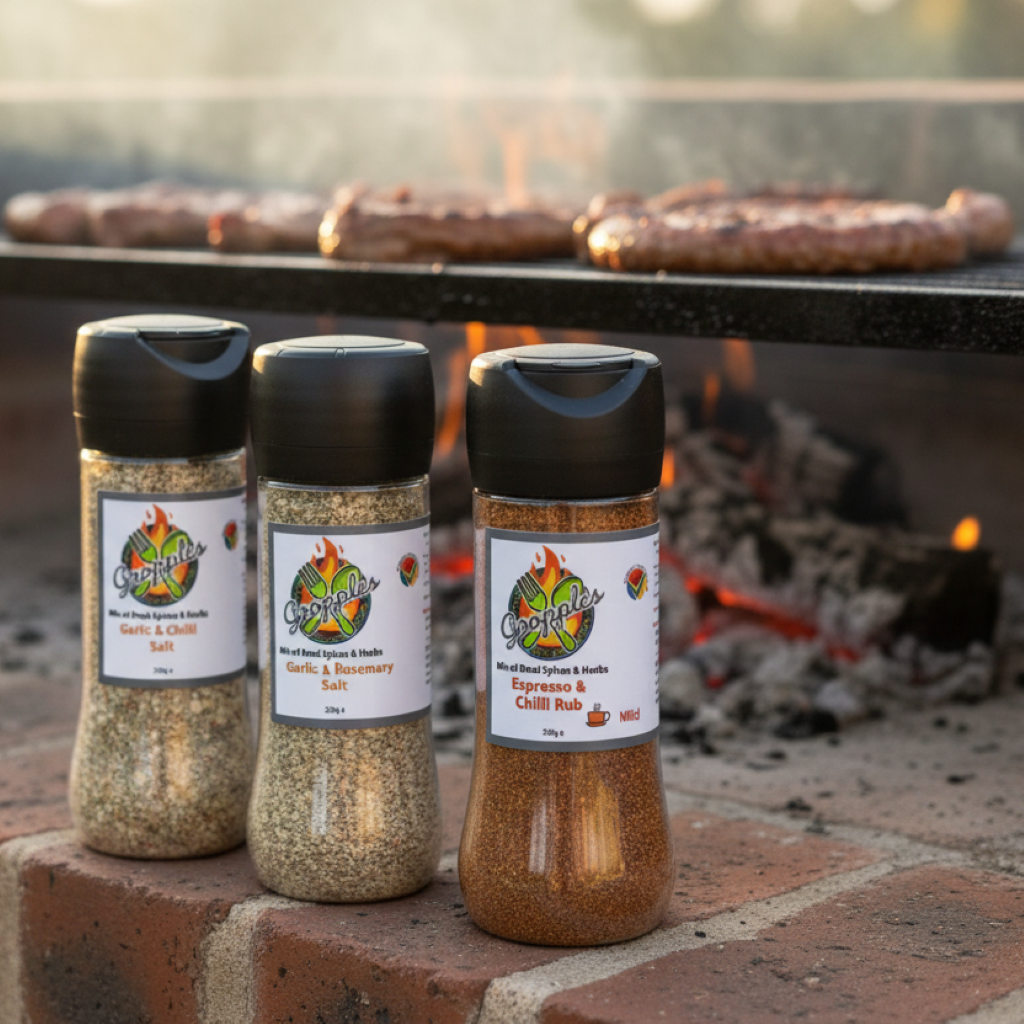 Three bottles of Gropples seasoning on a brick ledge with meat on a braai in the background