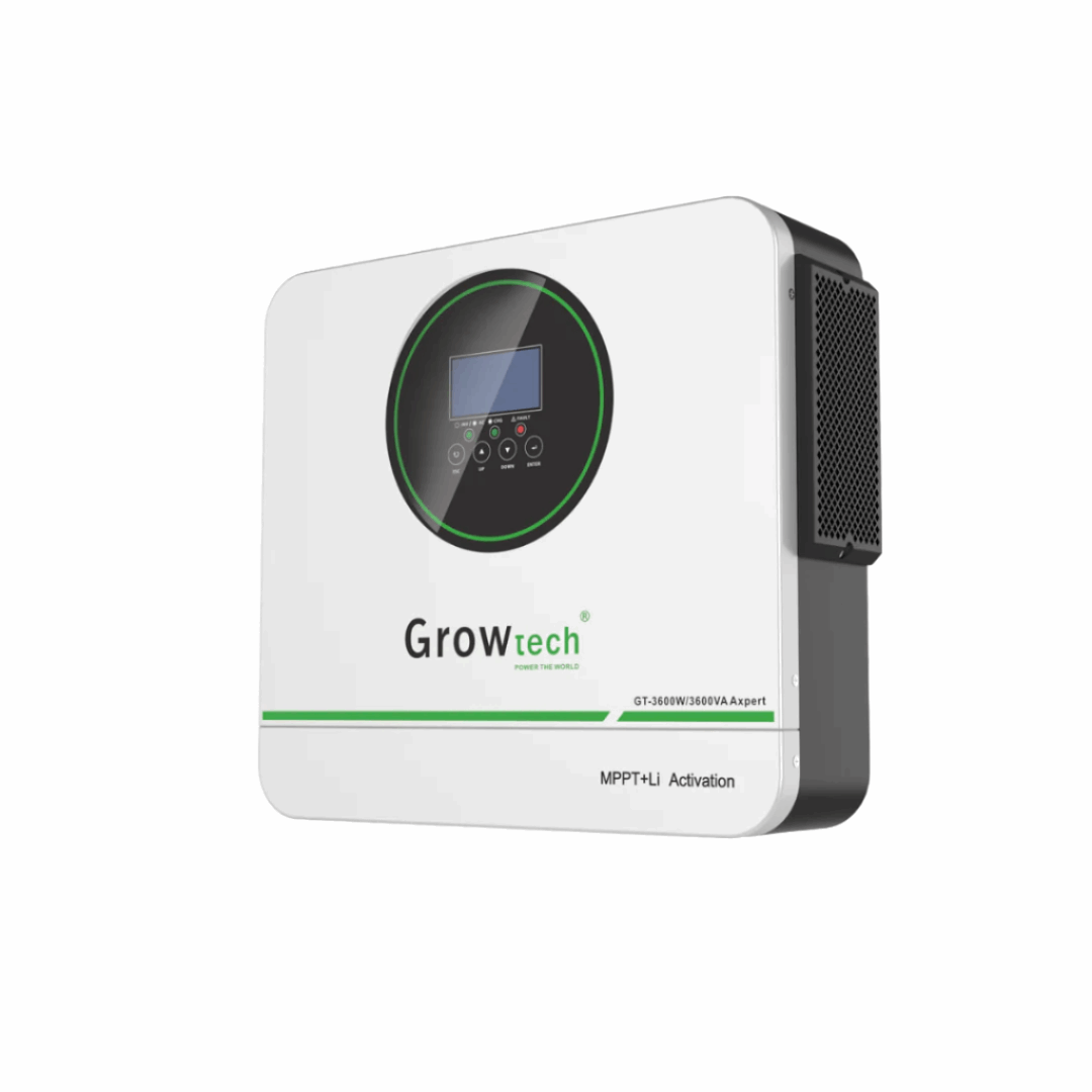 Growtech Axpert GT 3.6kW Inverter 24V with MPPT and lithium battery activation features.