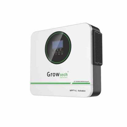 Growtech Axpert GT 3.6kW Inverter 24V with MPPT and lithium battery activation features.